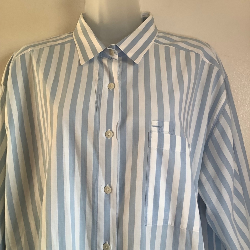 Talbots Womens Blue White Striped Long Sleeve Button Down Shirt Single Pocket